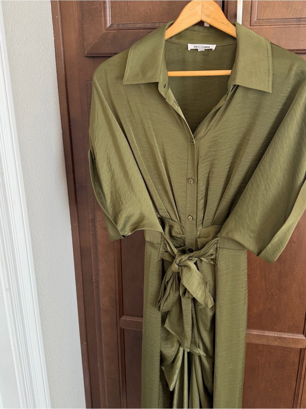 Steve Madden Olive Green Shirt - Satin-Look Tie-Waist Dress